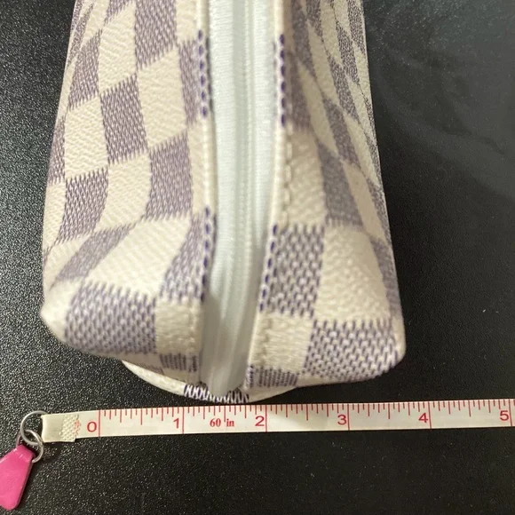 Checkered Cream and Blue Gold Hardware Double Zipper Cosmetic Makeup Pouch Bag - Picture 6 of 6